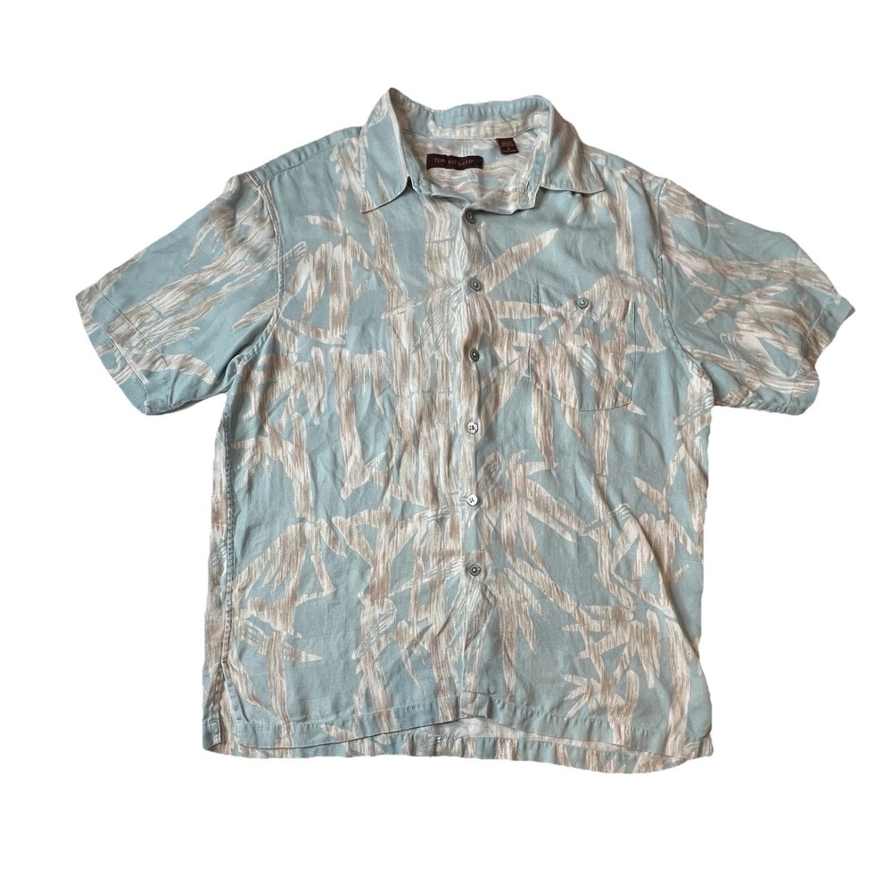 Tori Richard‎ 100% Silk Hawaiian Camp Shirt Mens L Light Blue Beige Palm Trees
